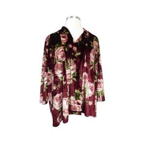 Slinky Brand Size 3X Crushed Velvet Floral 3/4 Sleeve Kimono jacket Top Plus Sz
